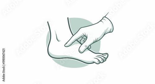 A gloved hand points to a person's foot, with toes visible