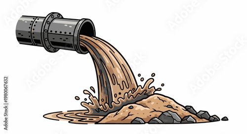 Muddy water pours from a large pipe onto a pile of dirt and rocks