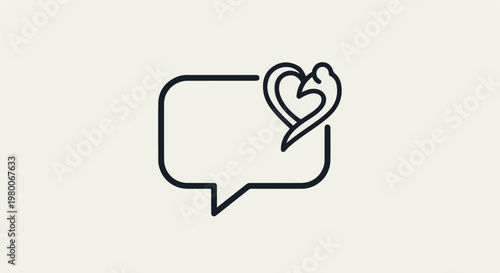 A simple, minimalist line drawing of a speech bubble containing a heart