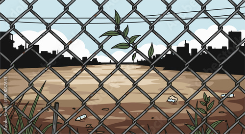 Barbed wire fence obscures a desolate urban landscape with scattered debris