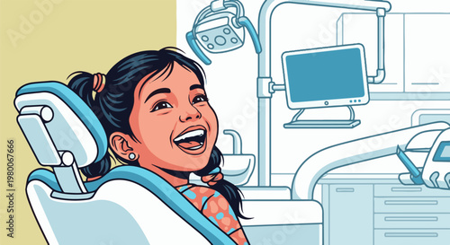 Happy child in dentist chair looks up, dental office setting