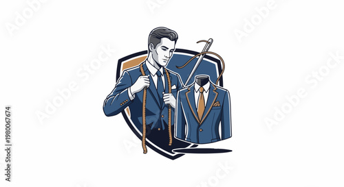 A stylish man in a suit is being fitted with a measuring tape by a tailor