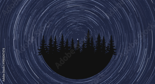 Silhouette of evergreen trees against a dark sky with star trails