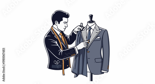 A tailor adjusts a suit on a mannequin, measuring tape around neck