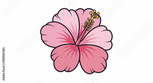 A pink hibiscus flower with yellow stamen on a white background