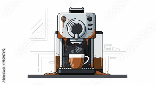 A messy coffee machine drips brown liquid onto a steaming mug, creating a puddle