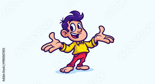 Cartoon boy with purple hair, yellow shirt, and red pants gesturing widely