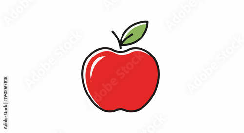 A stylized red apple with a green leaf on a white background