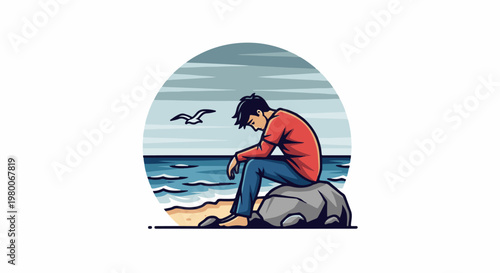 Young man in red shirt sits on rock by ocean, contemplating