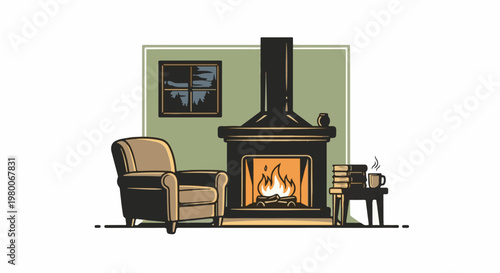 Cozy armchair, lit fireplace, books, and steaming mug by window