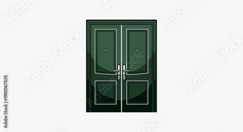 A dark green, double-door entrance with silver handles and decorative panels