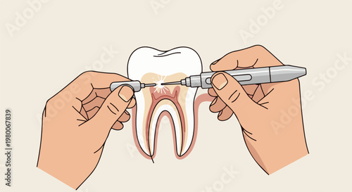 Dental procedure, hands using instruments to treat tooth interior