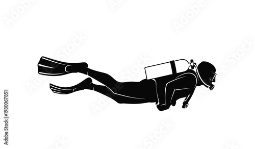 A striking black silhouette depicts a scuba diver in mid motion seemingly exploring an underwater environment showcasing a unique silhouette high quality professional detailed