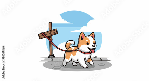 Cute Shiba Inu puppy on a leash tied to a wooden post