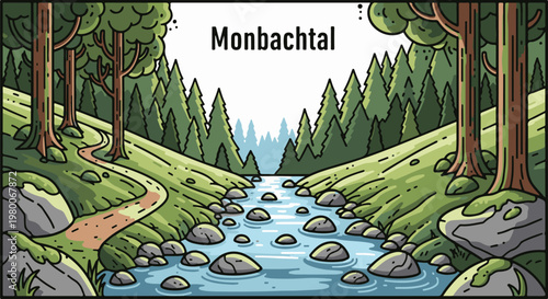 Pixelated forest stream with a winding path and pine trees