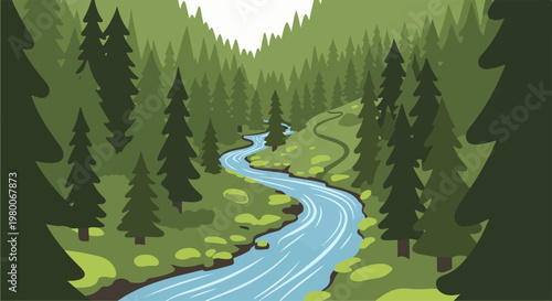 Serene evergreen forest with a winding blue river flowing through