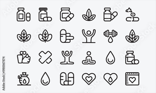 Wellness and Supplement Vector Icons Outline Pack for Nutrition and Health