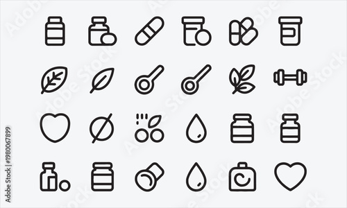 Wellness and Supplement Vector Icons Outline Pack for Nutrition and Health