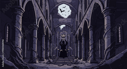 Pixelated ancient throne room with a crowned figure and bats flying above