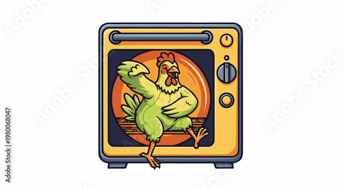 A cartoon chicken dances with a wing up inside a yellow oven