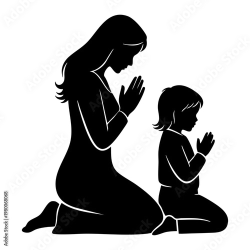Devoted mother and child kneeling in prayer, silhouette capturing faith, spiritual guidance, and a loving bond perfect for Mother's Day inspiration and religious themes.