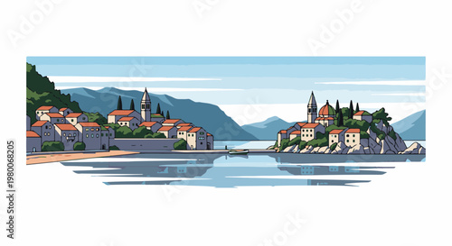 Coastal island village with boats and distant mountains under a clear sky