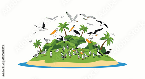 Flock of various birds gathers on a tropical island surrounded by water