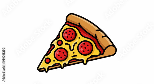 A bright, stylized slice of pizza with melted cheese and pepperoni