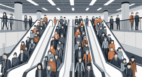 Crowded subway escalators with people in muted tones