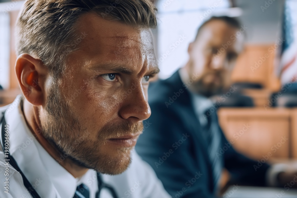 Obraz premium Intense Close-up of a Sweating Doctor in a Courtroom
