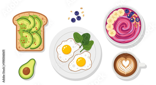 A healthy collection of isolated vector illustrations featuring a fresh set of different vegetables and colorful Easter eggs on a white background with breakfast fruit and meal elements