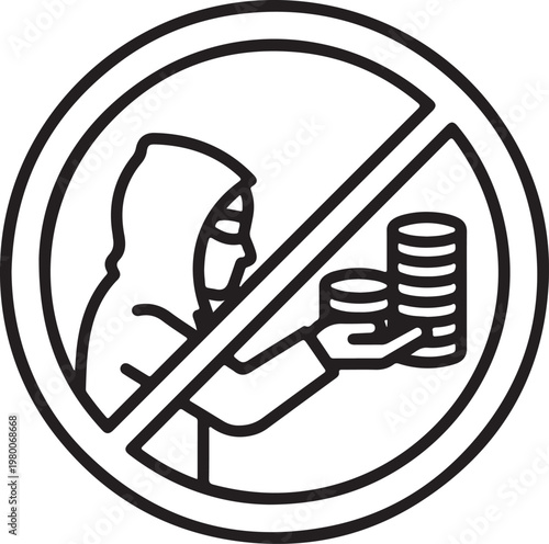 Anti Money Laundering Prohibition Sign, Stop Financial Crime Vector Icon, Minimalist Hacker and Coin Silhouette in Crossed Out Circle, Fraud Prevention Illustration