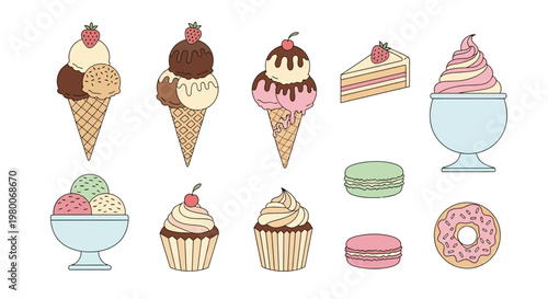 Delicious collection of cute cartoon ice cream and sweet dessert vectors featuring chocolate strawberry cupcakes and birthday bakery treats in a seamless pattern illustration