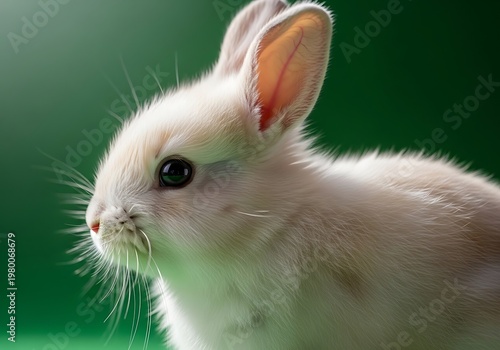 Close-up portrait of a fluffy white rabbit with large ears on a green background cute animal adorable domestic lagomorph wildlife portrait close-up whiskers background photography innocent