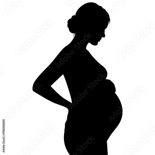 Silhouette profile of pregnant woman holding belly on white background