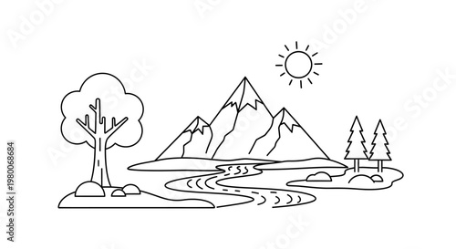 Landscape with flowers featuring a vector illustration of a tropical island and lake with a desert sunset over Egyptian pyramids and a snowy mountain