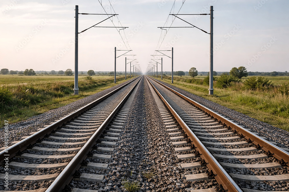 Obraz premium Modern railway tracks with electric lines perspective, infrastructure and transportation concept