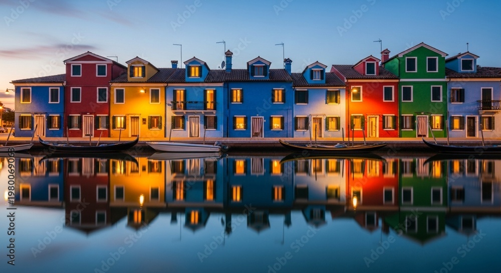Naklejka premium Photorealistic Vibrant Colorful Houses Along a Peaceful Canal at Evening