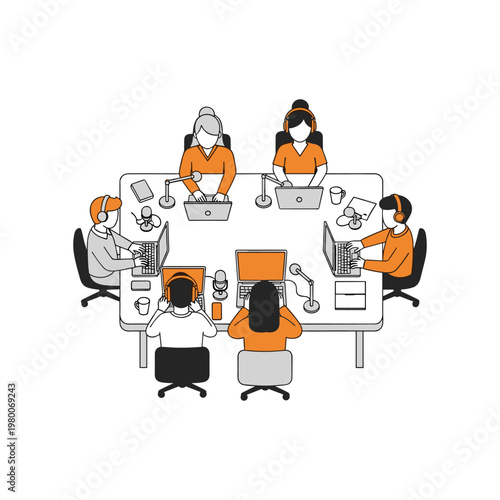 Team collaborating in a modern office cubicle setting with safety measures