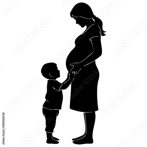 Pregnant mother silhouette son touching belly bump maternity family expectation