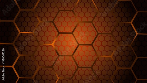 Glowing honeycomb hexagon background animation, Abstract honeycomb hexagonal pattern with glowing orange center