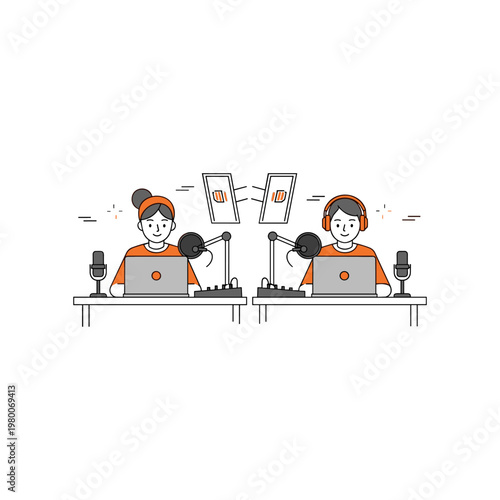 Two individuals engaged in a virtual podcast or video recording session