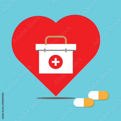 Medical first aid kit icon on red heart background, healthcare and cardiology concept vector, emergency medicine chest with pills and capsules