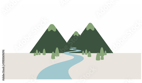 Colorful river landscape with mountains and trees vector illustration nature scenery isolated on white background