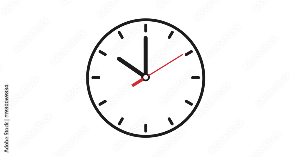 Fototapeta premium Simple analog wall clock with black numbers and hands and a red second hand showing exactly ten minutes past ten oclock.