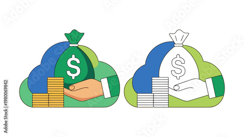 Business hand holding money bag and coin stacks vector illustration for financial growth and savings concept