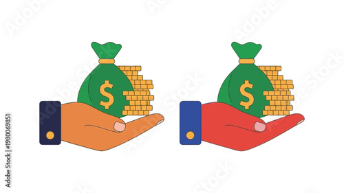 Hand holding money bag and gold coins stack vector illustration for financial and banking success concept