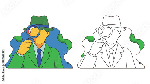 Detective or investigator character with magnifying glass vector illustration for research and analysis