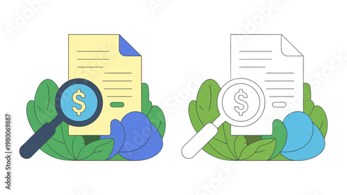 Financial document research with magnifying glass vector illustration for business audit and analysis