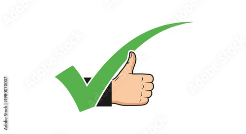 Green checkmark icon combined with a thumbs-up hand gesture representing approval, success, agreement, and positive feedback or confirmation.